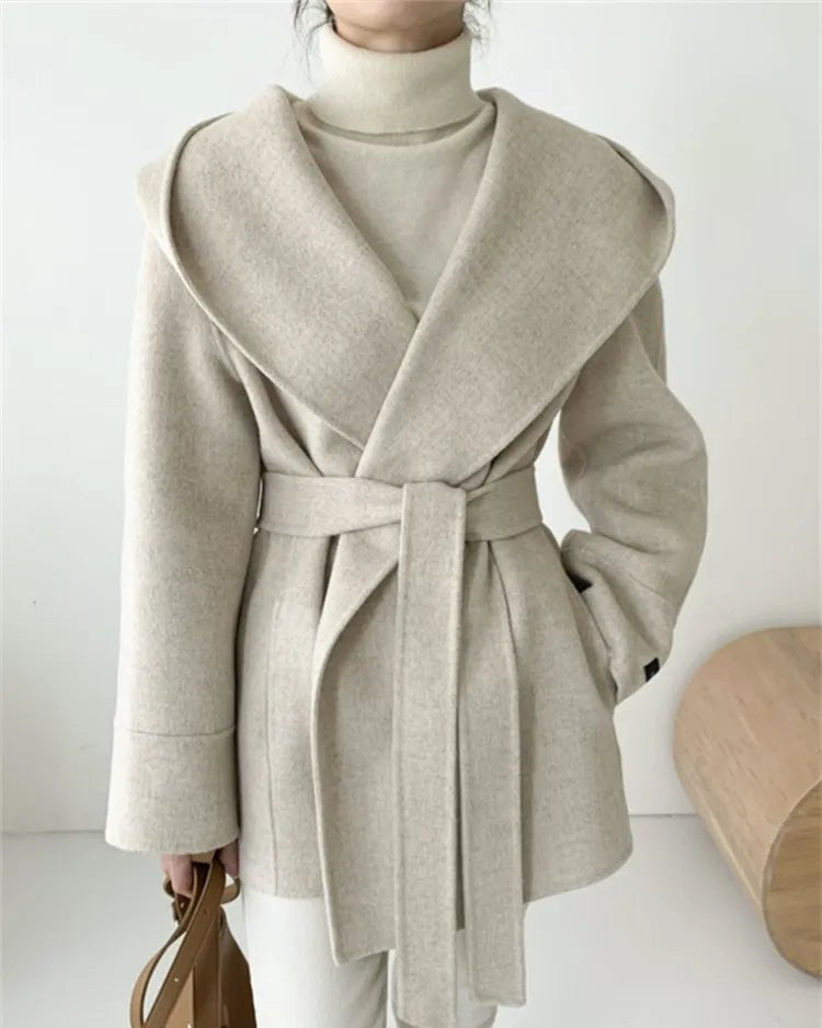 Hooded Wool Blend Wrap Coat