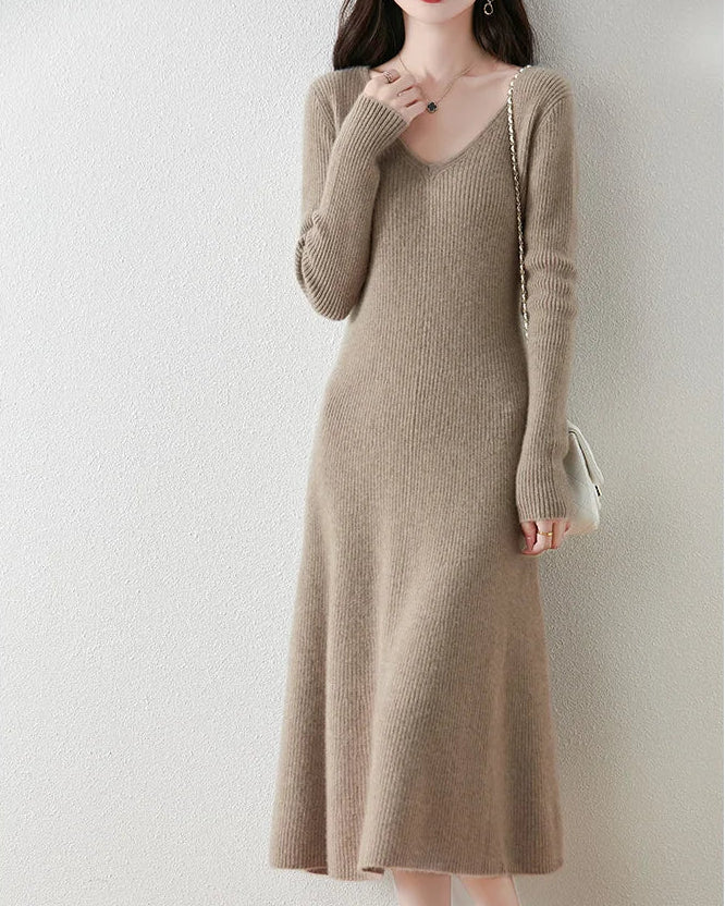Merino Wool V-Neck A-Line Knit Dress