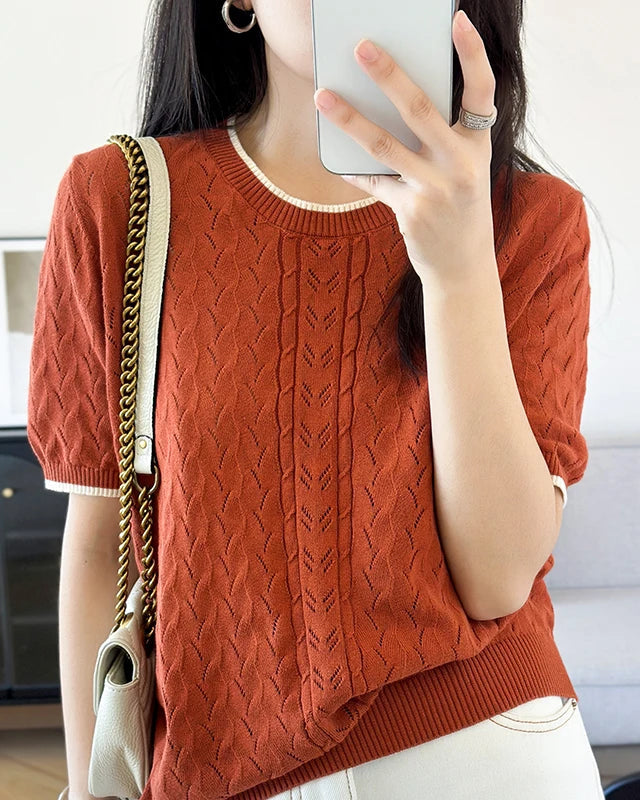 Pure Cotton Herringbone Knit Short-Sleeve T-Shirt