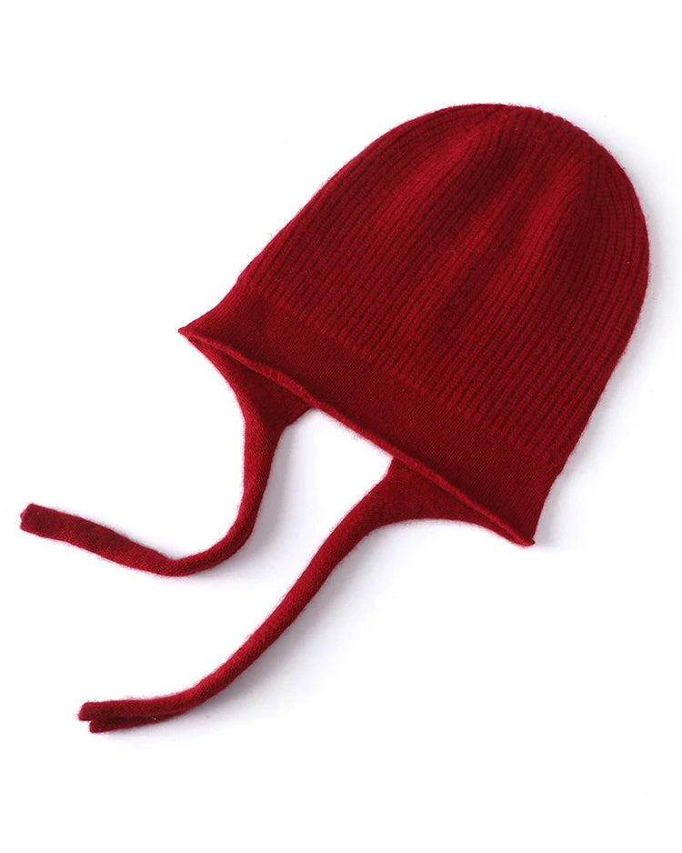 Merino Wool Striped Drawstring Pullover Ski Ear-Flap Hat