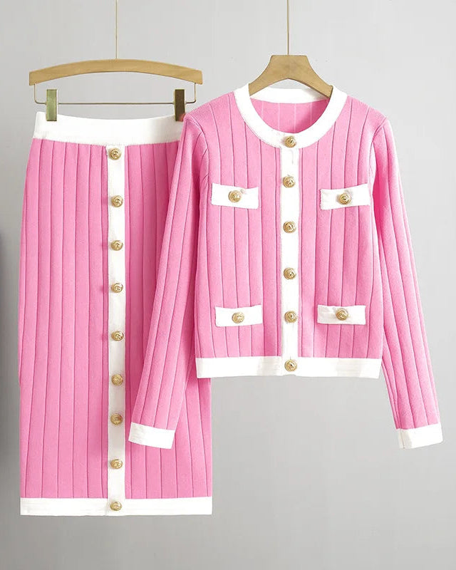 O-Neck Knit Cardigan & Pencil Skirt 2-Piece Set