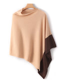 Colorblock cashmere poncho for women with two-tone contrast, wide neckline and asymmetric pointed hem, an easy one-size fall-winter pullover poncho for everyday layering.