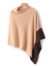 Colorblock cashmere poncho for women with two-tone contrast, wide neckline and asymmetric pointed hem, an easy one-size fall-winter pullover poncho for everyday layering.