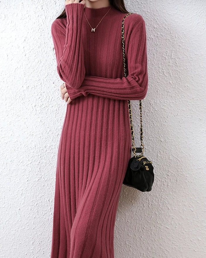 Ribbed Knitted Wool Sweater Dress