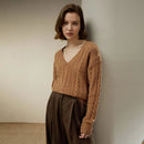 Wool-Cashmere Cable-Knit V Neck Pullover