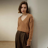 Wool-Cashmere Cable-Knit V Neck Pullover