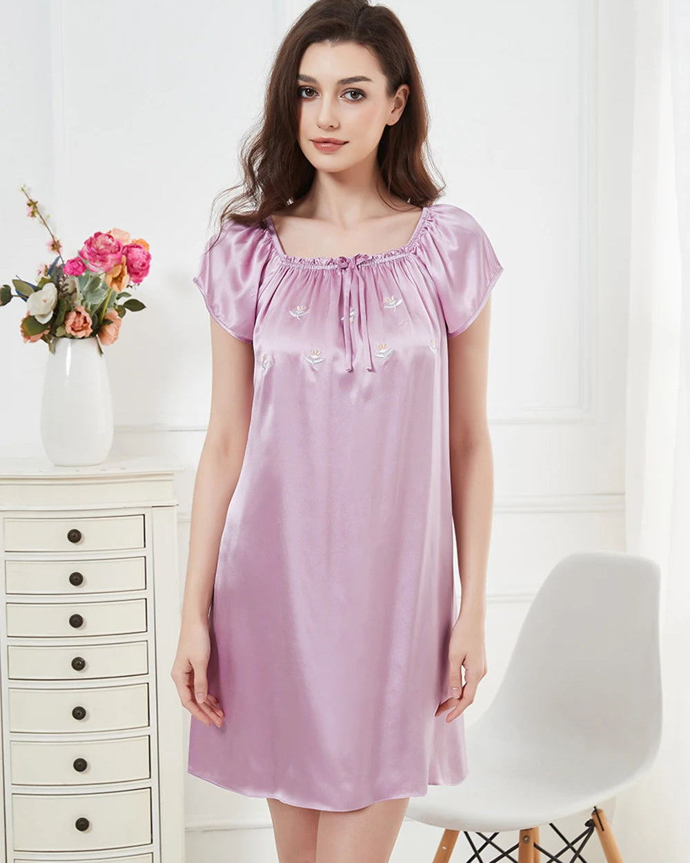 Mulberry Silk Flutter-Sleeve Mini Nightgown