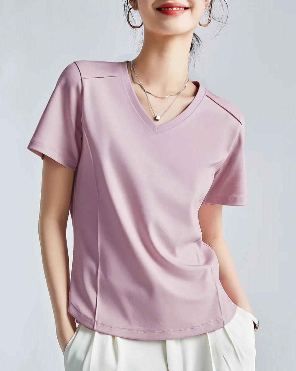 Knitted Mercerized Cotton V-Neck T-Shirt