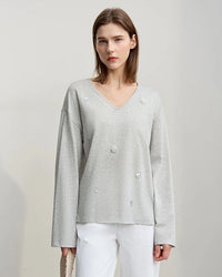 Long-Sleeved V-Neck Loose-Fitting Pullover T-Shirt