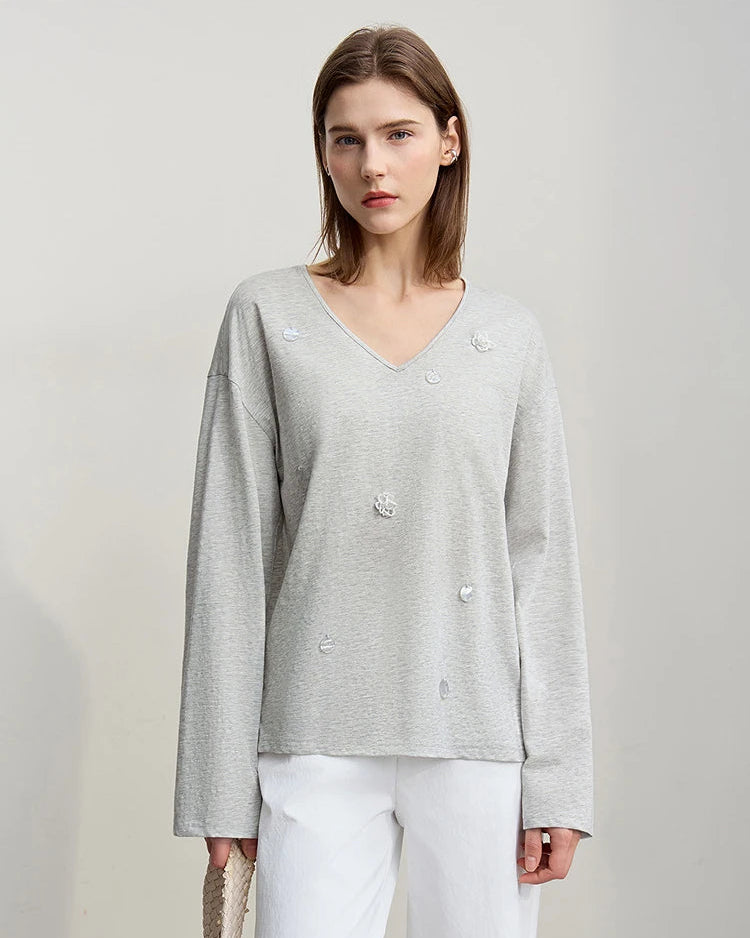 Long-Sleeved V-Neck Loose-Fitting Pullover T-Shirt