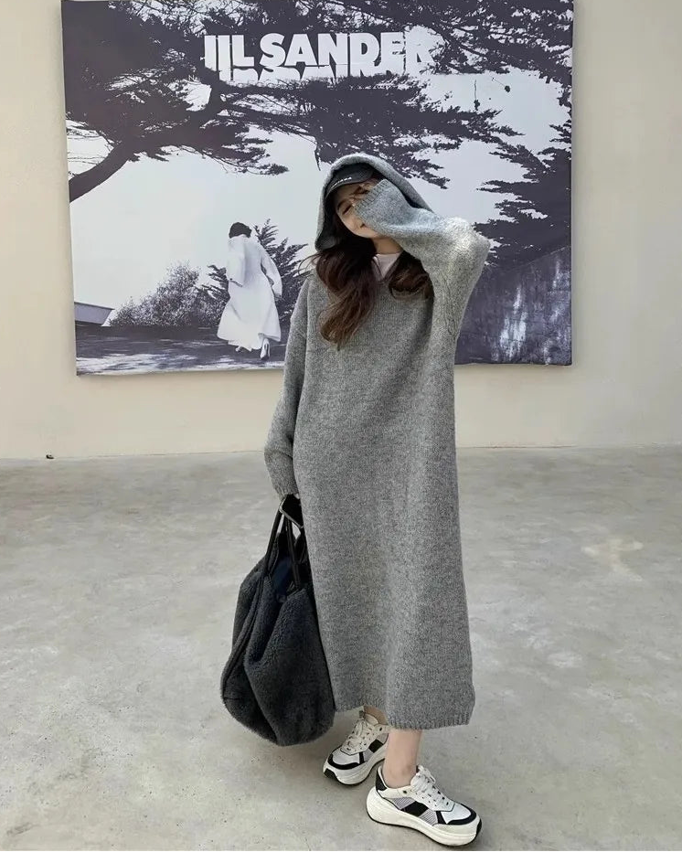 Cashmere Hooded Knit Midi Sweater Dress