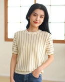 Pure Cotton Loose-Fit Vertical Striped T-Shirt
