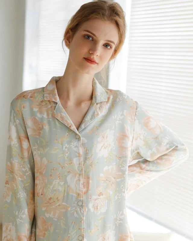 Flowers Print Shirt & Trousers Pajamas Set