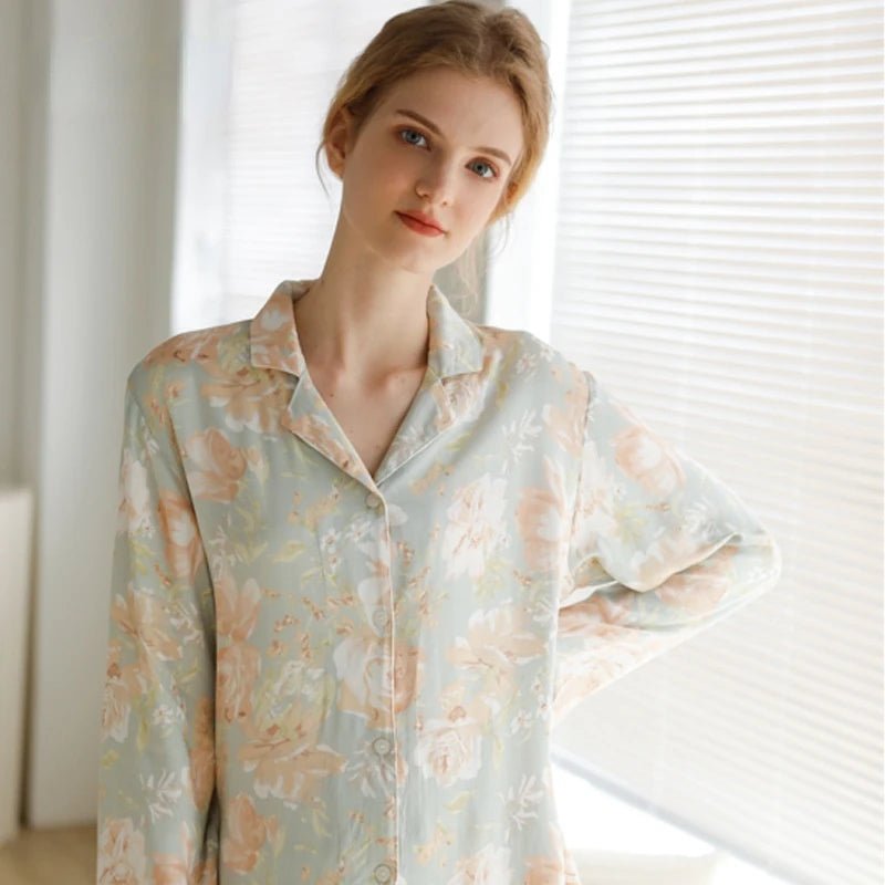 Flowers Print Shirt & Trousers Pajamas Set