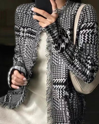 Houndstooth Fringe Cashmere Open Cardigan