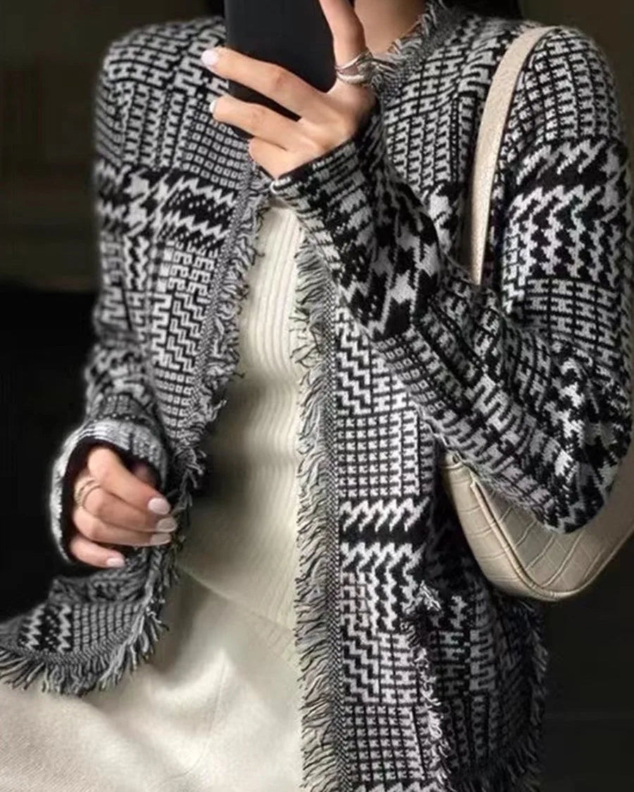 Houndstooth Fringe Cashmere Open Cardigan