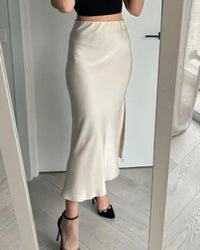 Women's side-slit satin maxi dress featuring breathable acetate polyester satin, a high waist, and a slim straight fit for summer office wear and city commutes.
