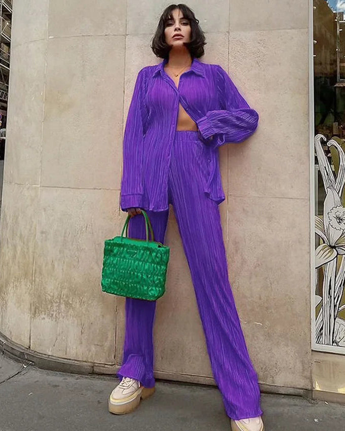 Turn-down collar draped loose shirt and high waist wide-leg trouser 2-piece set. Polyester-rayon blend, slight stretch — elegant casual style for spring and summer.