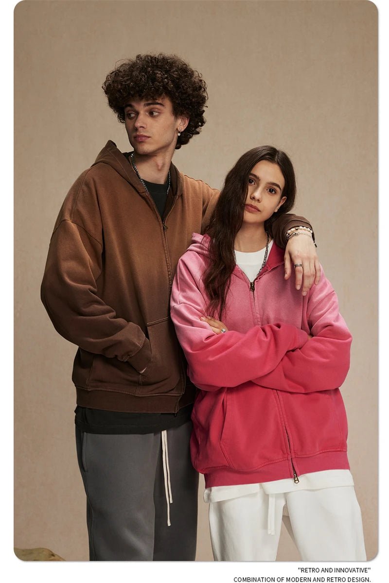 Vintage Washed Zipper Distressed Hoodies