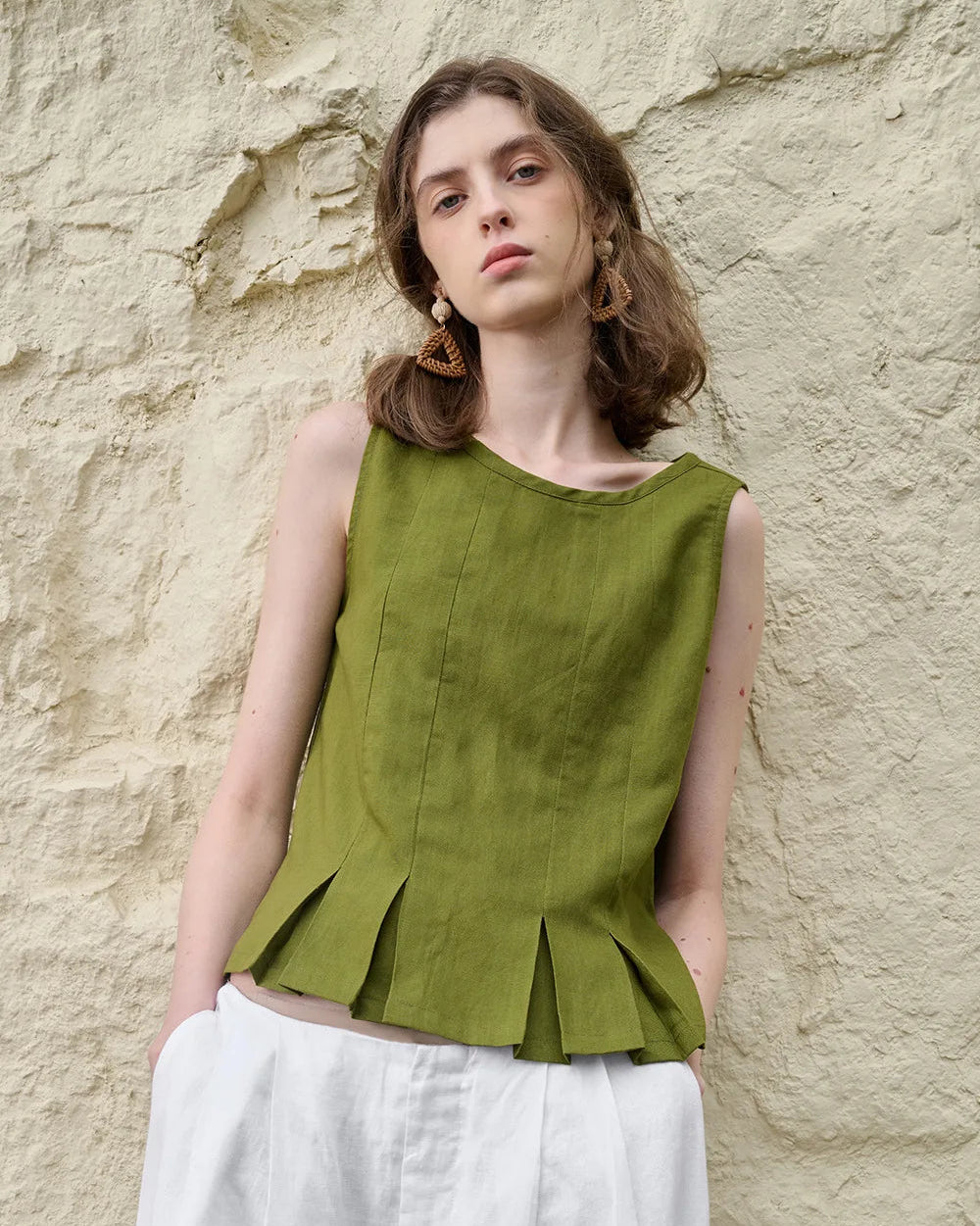 Linen Sleeveless Pleated Fashion Vest