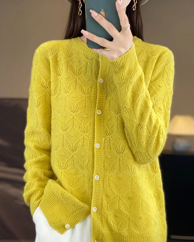 Merino Wool Round Neck Hollow Leaf Knit Cardigan Sweater