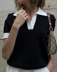 Polo Collar Colorblock Knit Top