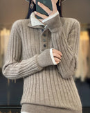 100% merino wool turn-down collar pullover sweater. Extra-heavy, medium stretch — a thick, warm solid autumn winter casual knitwear top for women.