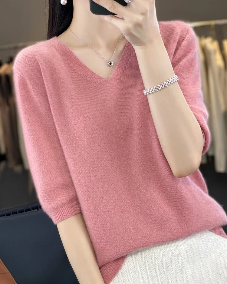Merino Wool V-Neck Short-Sleeve Sweater
