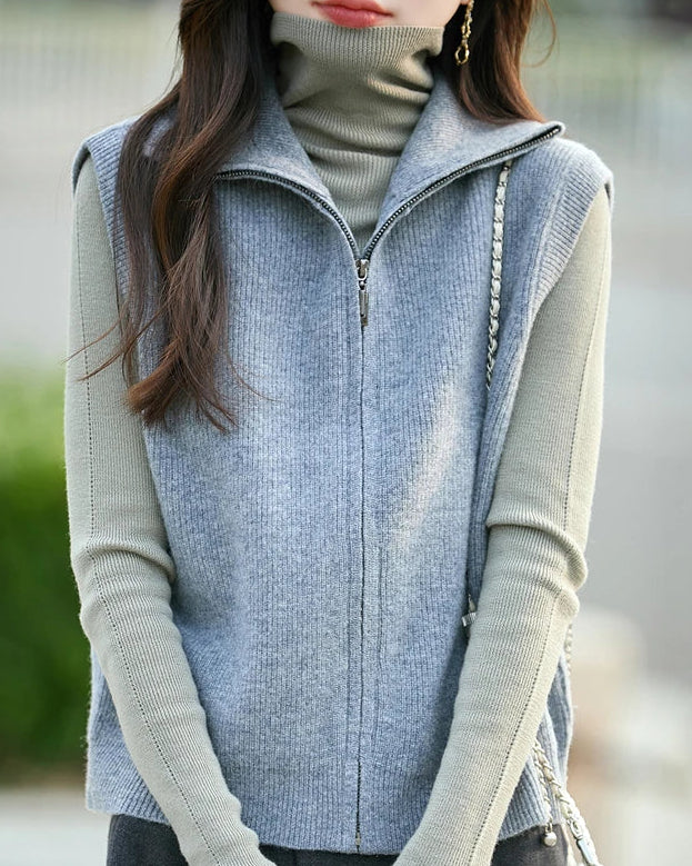 High-Neck Merino Wool Zip Vest