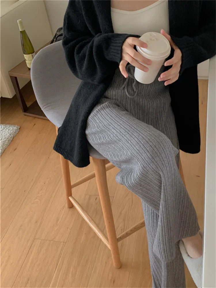 Drawstring Ribbed Knitted Wide Leg Sweatpants