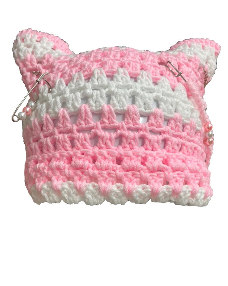 Striped Crochet Cat-Ear Beanie