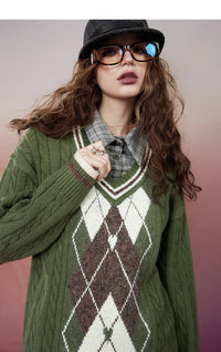 Retro Rhombus Spliced Pullover Sweaters