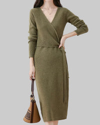 V-Neck Lace-Up Merino Wool Knit Dress
