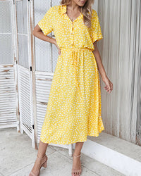 Polka Dot Short Sleeve Drawstring High-Waist Dress