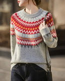 Merino Wool Geometric Round Neck Raglan Sleeve Knit Pullover