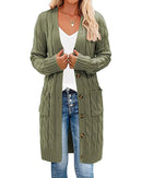 Solid V-neck single-breasted loose long knit cardigan. Thick, slight stretch, and relaxed — a casual plus-size autumn winter sweater coat for women.