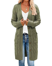 Solid V-neck single-breasted loose long knit cardigan. Thick, slight stretch, and relaxed — a casual plus-size autumn winter sweater coat for women.