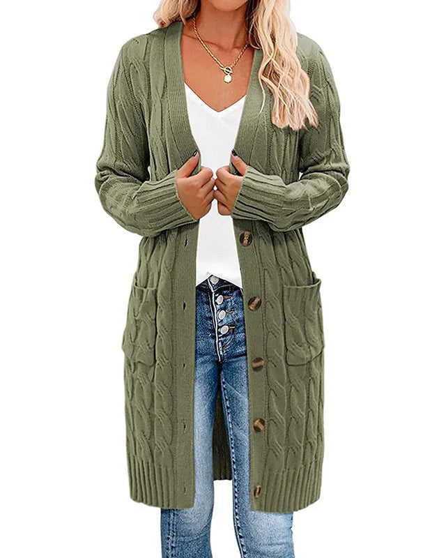 Solid V-neck single-breasted loose long knit cardigan. Thick, slight stretch, and relaxed — a casual plus-size autumn winter sweater coat for women.