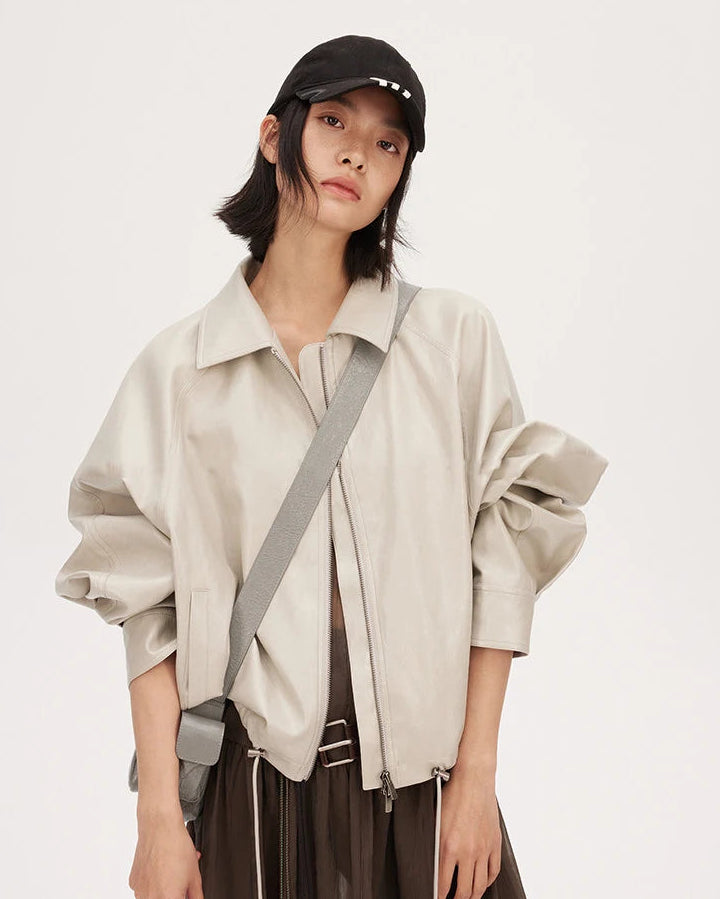 Loose-Fit Zip-Up PU Leather Short Jacket