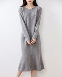 Wool Round-Neck Rolled-Hem Mermaid Long Dress