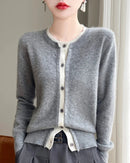 100% merino wool solid O-neck button knit cardigan. Soft, medium stretch, and regular fit — a preppy casual autumn winter knitwear coat for women.