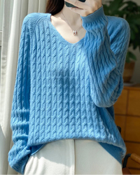 Wool V-Neck Twist Knit Pullover