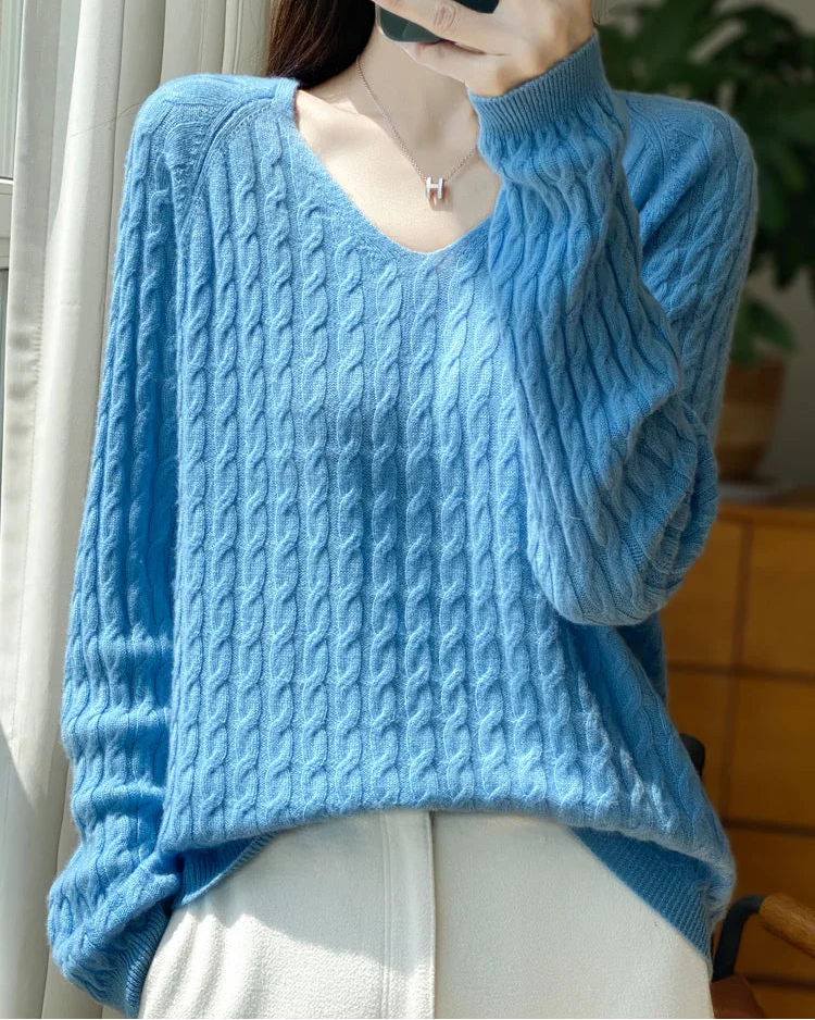 Wool V-Neck Twist Knit Pullover