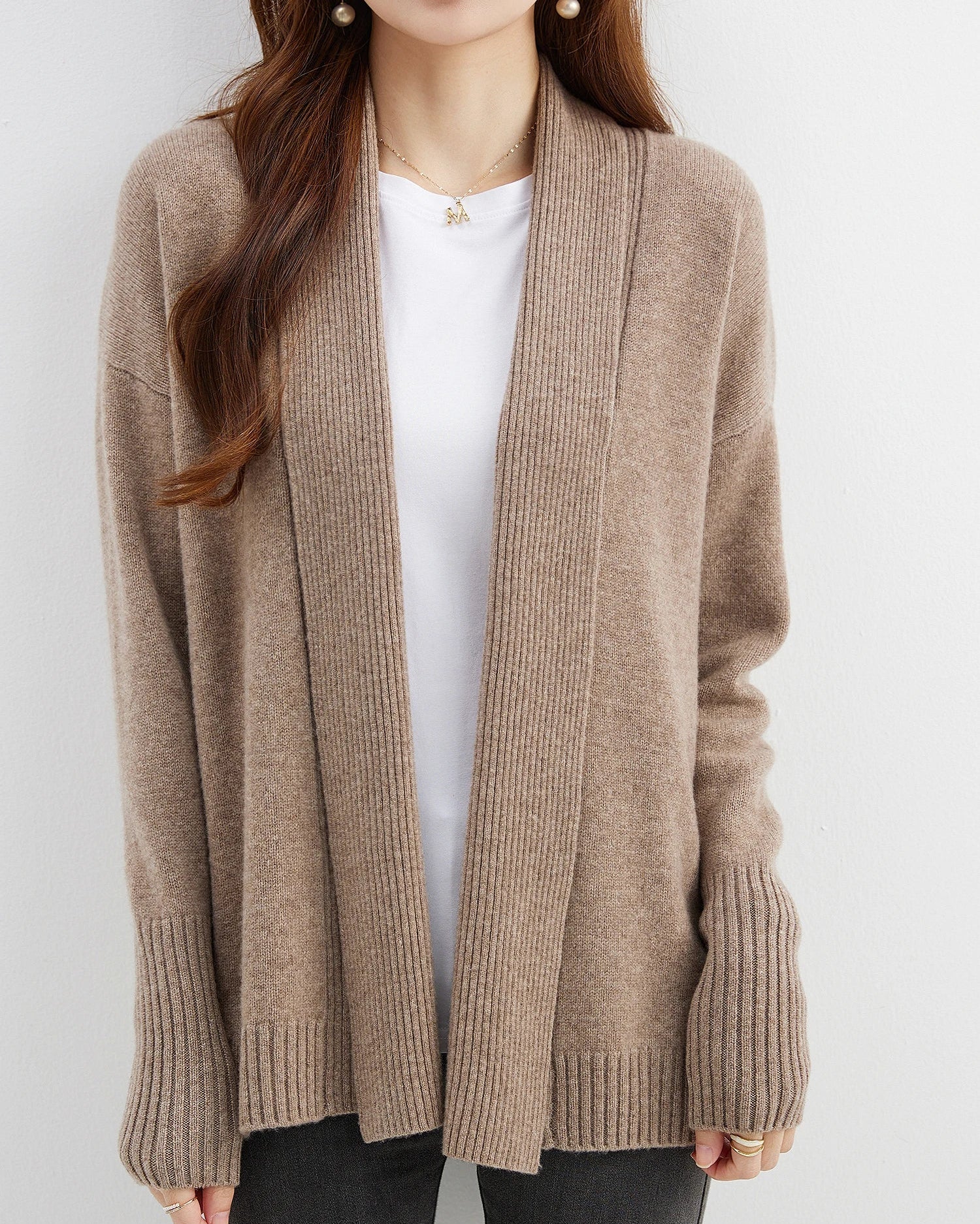Merino Wool Solid Scarf Collar Loose Knit Cardigan