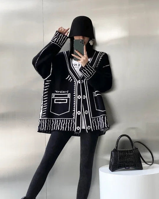 Graphic Wool Blend V-Neck Cardigan