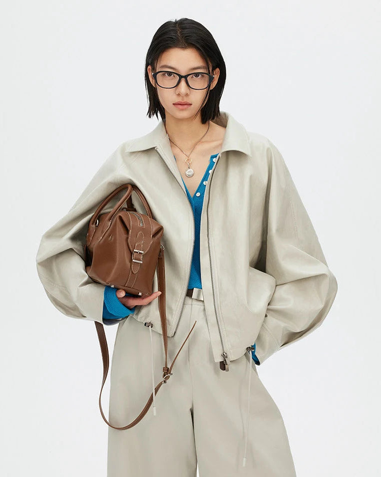 Loose-Fit Zip-Up PU Leather Short Jacket