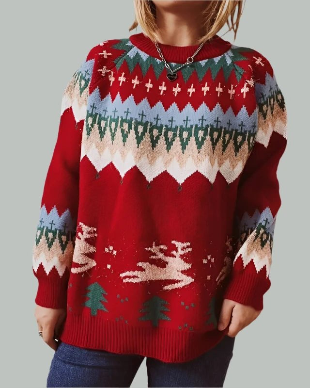 Loose Geometric Elk Jacquard Sweater