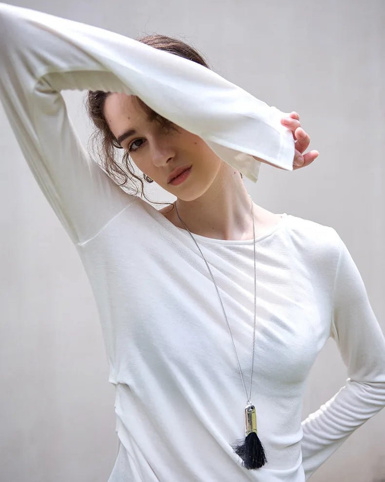 Crew Neck Long-Sleeved Irregular Slit T-Shirt