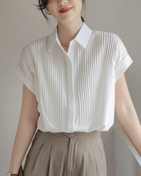 Women's white ruffle-sleeve single-breasted shirt, featuring crisp textured polyester and flutter flying sleeves for vintage OL elegance from morning meeting to evening dinner.