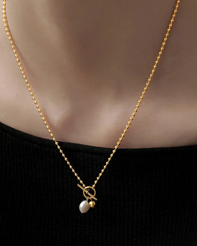 Gold Stainless Steel Pearl Beaded OT Clasp Long Necklace